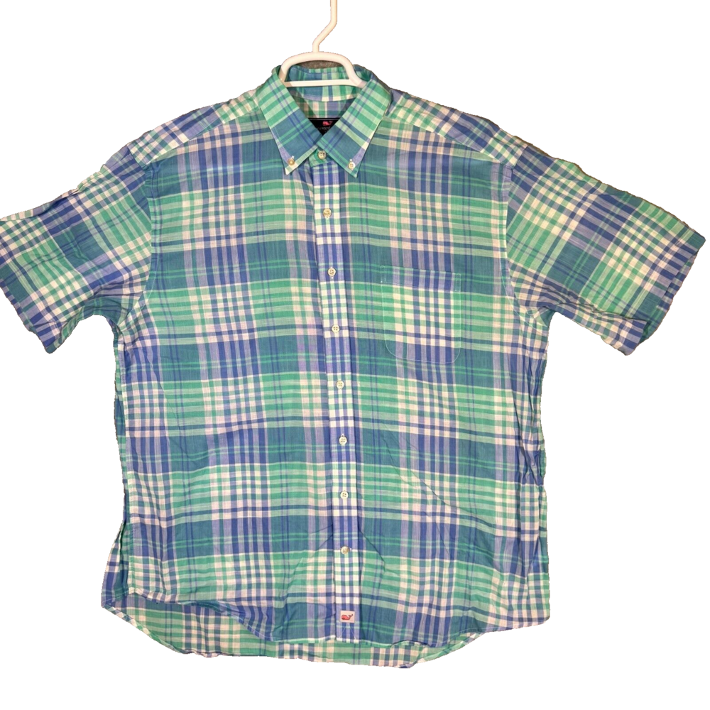 Vineyard Vines Murray Shirt Men’s XL Blue Green Plaid Cotton Short Sleeve